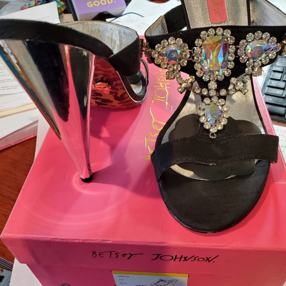 Betsey Johnson Black Satin with Rhinestone Heels